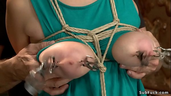 Tied and gagged big tits brunette babe Nina Lopez gets her boobs and nipples clamped and tormented then gets dildo in shaved pussy in suspension on hogtie 