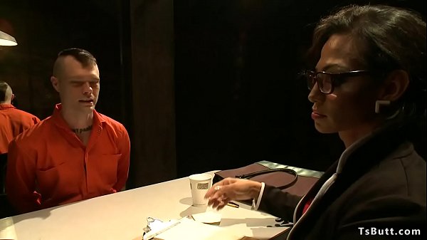 Tattooed male prisoner Mike Panic has appointment with sexy big tits brunette shemale lawyer Jaquelin Braxton and soon after she bangs his mouth and ass with big dick