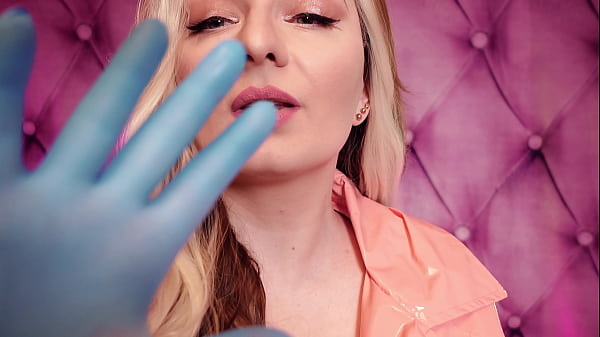 blue nitrile gloves and pink PVC fetish coat - sexy curvy MILF - ASMR free clip