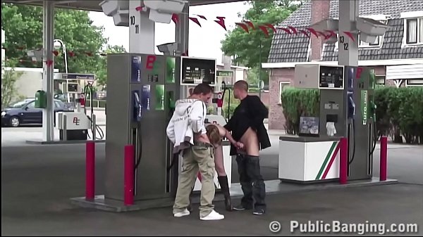 Very pregnant woman is fucked in public sex threesome orgy at a gas station