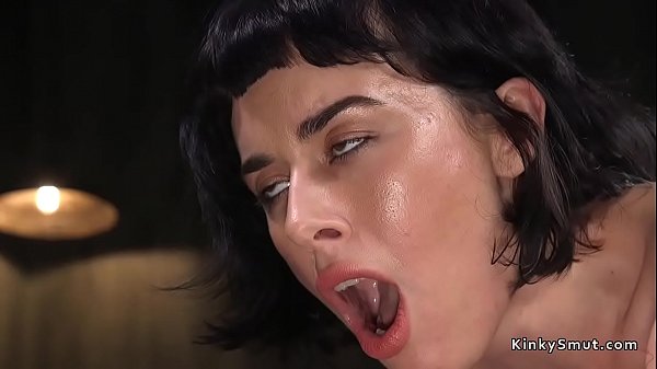 Brunette babe gets fucking machine and fucks it in various positions