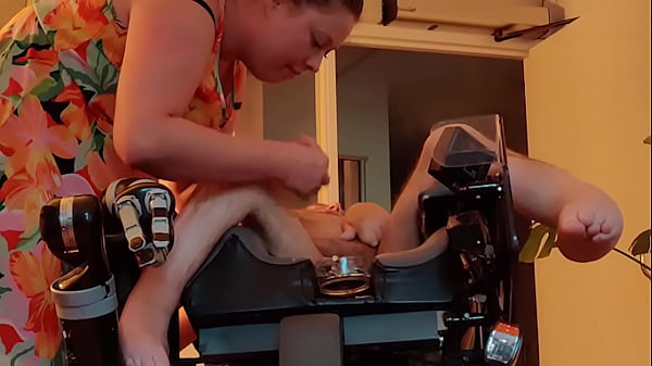 Handicapped man in wheelchair gets footjob and blowjob from smoking milf