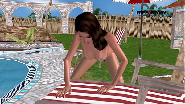 An animated 3D cartoon porn video - A cute Girl standing on doggy style masturbating using bottle near swimming pool