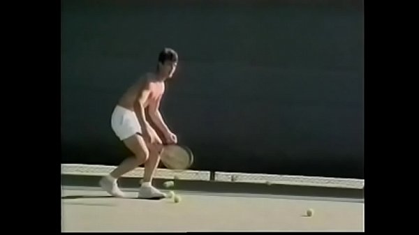 Skinny tennis star plays with balls and uses racket in naughty game