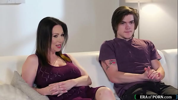 Stepson and mature stepmom get horny watching a passionate romance movie and kiss.The big tits milf sucks his cock and titfucks him.Then gets banged 