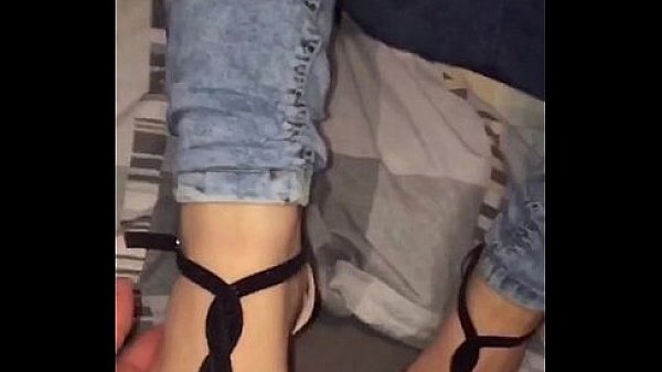 Cute clothed sexy teen making shoejob and blowjob with cumshot on her body