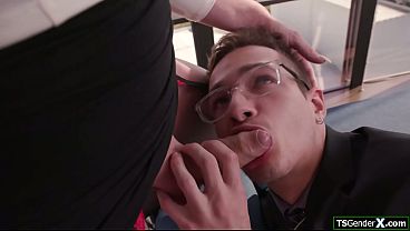 Im rubbing my dick ifo my tgirl boss Nikki Vicious and she gets hard when she sees how big it is.The shemale lets him suck it and is anal barebacked