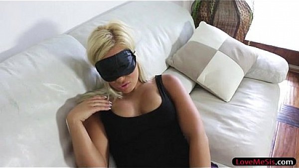 Teen stepsis sucks off while blindfolded and gets pounded