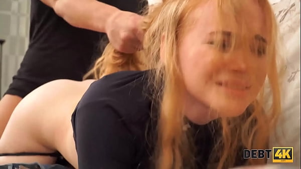 DEBT4k. Young debt collector throws a leg to the red-haired waitress