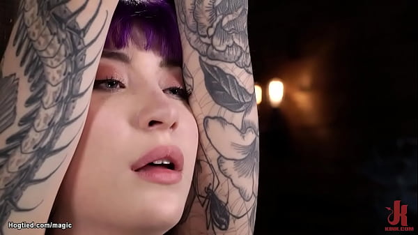 Tattooed slave Charlotte Sartre is bound in standing position with one leg bent in knees gets fingered and whipped then pussy fucked with dildo on a stick by master The Pope on hogtied 