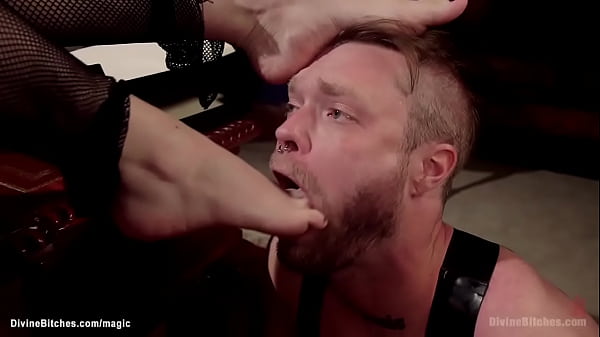 Big tits blonde femdom Cherry Torn makes slave Mike Panic worship her bare feet then ties up him and pegs with strap on dick till rides his big dick