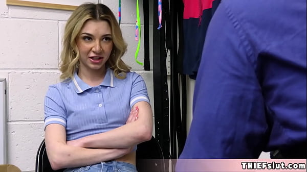 Extra tiny blonde thief offers her tight pussy for a cop  