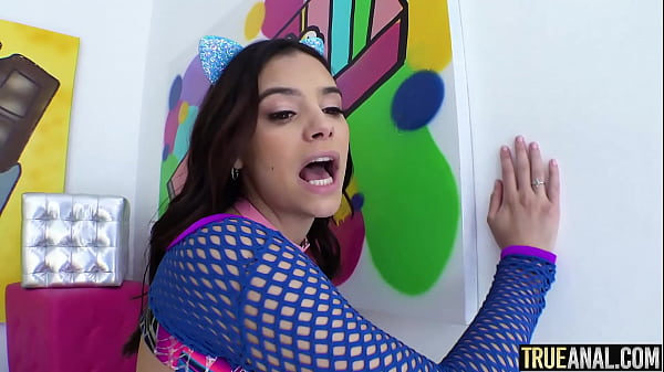 Gorgeous brunette with a juicy booty gets ass fucked and gaped