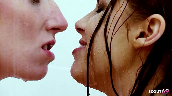 Tanned MILF with saggy natural Tits and Bushy Vagina seduce blonde pale white Skin under Shower to intense Lesbian Sex