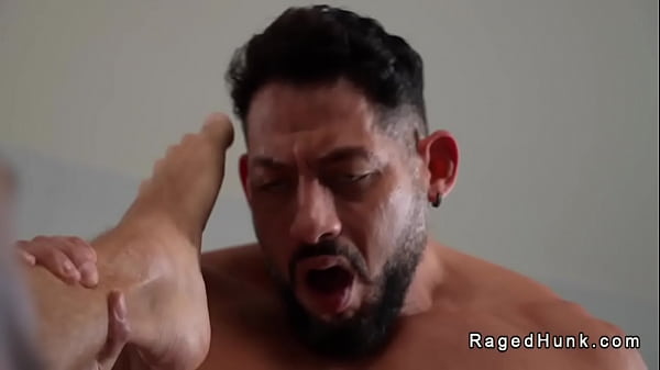 Miguel Rey rimming tight ass of muscle bearded hunk Brogan then shoves hard big cock in his tight ass hole balls deep and fucks him in bed