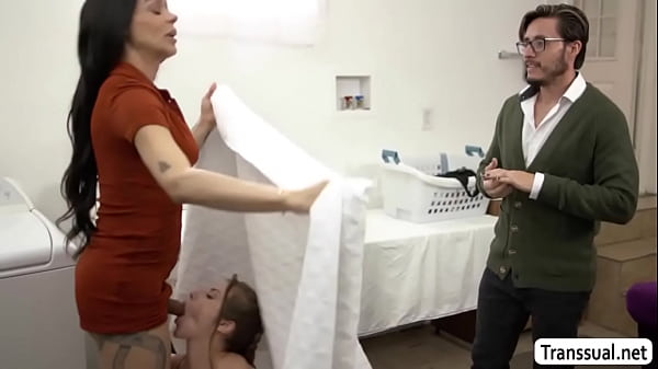 Ladyboy Latina Eva Maxim fucks Spencer Bradley while shes doing laundry.Instead of getting mad,Spencer loves it and she then throats TS Evas hard shecock passionately.After that,Eva licks Spencers pussy and she then fucks it again and again. 