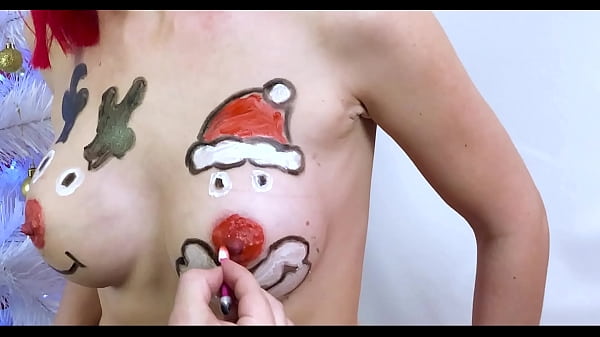 Naked Christmas body painting on my big boobs 