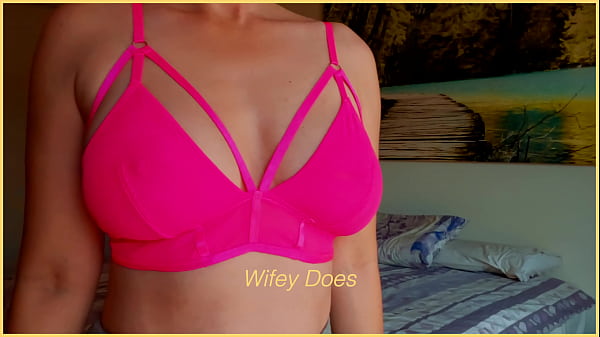 WIFE lingerie try on showing perfect tits in hot PINK bra for maximum cleavage 