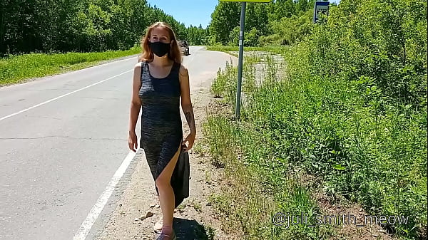 Pervert girl shows her beautiful body at the bus stop