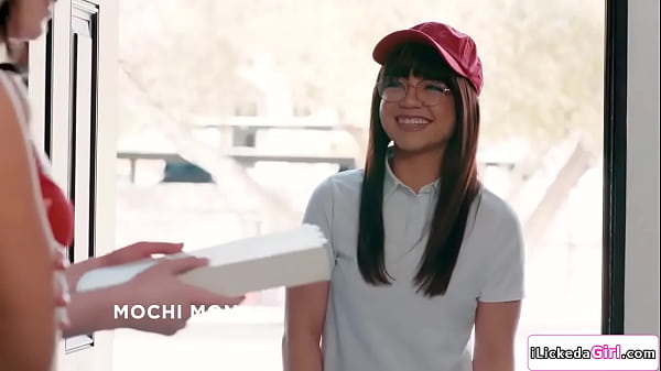 Mochi Monda delivered the last parcel for the day.River Lynn and Mochi Monda invites her to have fun.They strip her naked then lick her shaved pussy.  