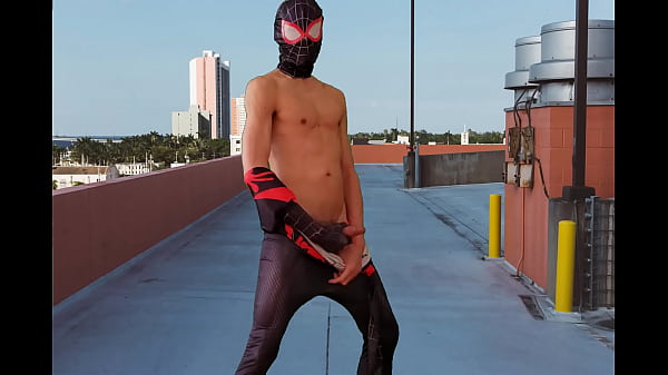 Cos-play Spiderman jerking off and cum