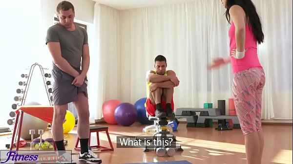 Fitness Rooms Spit roast threesome fucking and facial for hot teen