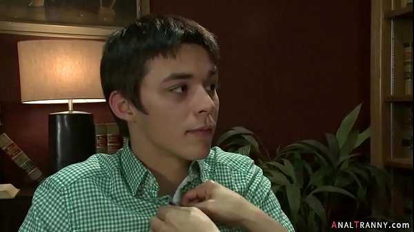 Hot brunette shemale MILF librarian TS Foxxy seduces young stud Matthew and fucks his throat then tight asshole in various positions 