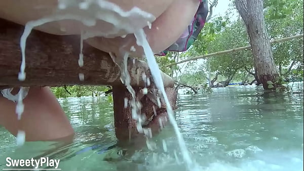 Strong anal milk enema pushing out outdoors