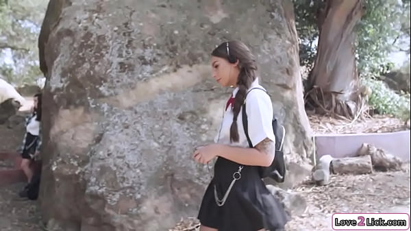 ditch class and go to the petite brunettes house.They kiss and the tattooed girl gives her oral.Then she fingers the big tits babes pussy