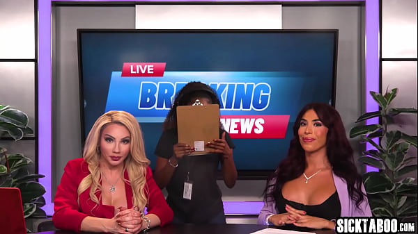 Big ass ebony babe Destiny Mira swallowed big cock and horny shemales banged her during TV show