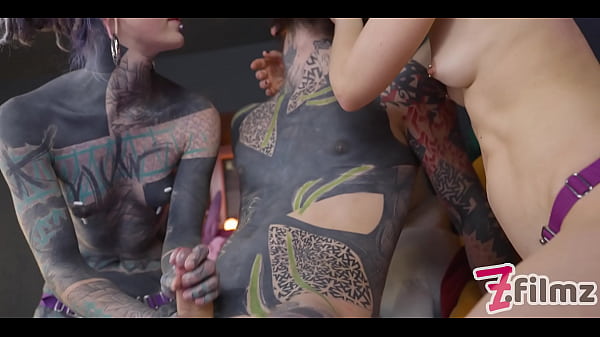 Tattoo SUB dominated by 2 girls - Dominatrix pegging - ANAL, femdom, facesitting (goth, punk, alt porn) ZF160