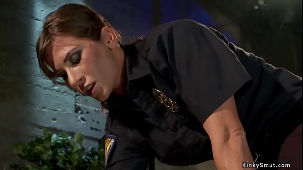 Big tits brunette MILF officer punishes hot brunette slut then fists her pussy and whips her and anal fingers bound on desk in office