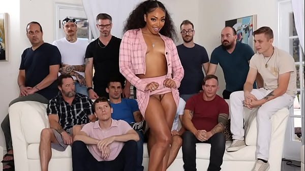 Gorgeous Black Enjoys Cock-Sucker Blowing Crowd of White Dudes