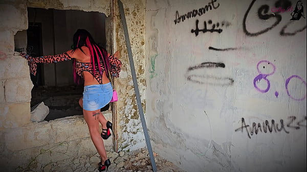 Bimbodoll in miniskirt caught masturbating and fucked by a young bull in outdoor