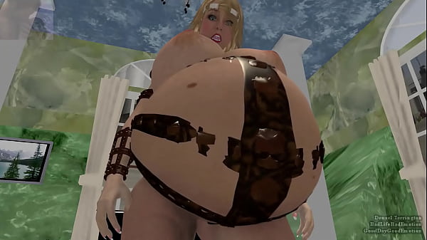 a woman gets inflated by a an inflation liquid