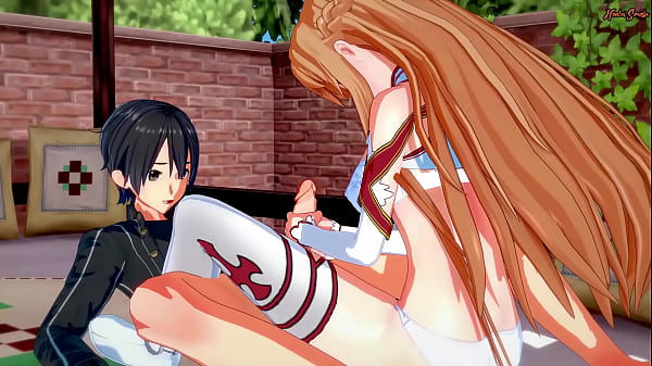 Kirito gets a blowjob from Asuna, then fucks her hard on the bed.