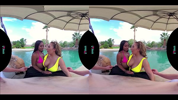 Interracial threesome with a hot milf and ebony teen in virtual reality  