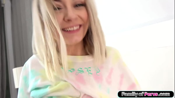 Teen stepsister Chloe Temple is horny and takes her stepbrother to her room.The petite blonde sucks his big cock and gets her shaved pussy fucked  