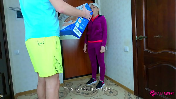 Hot delivery girl sucks dick and gets fast sex in velour tracksuit! Real homemade porn with dirty talking and creampie! Full 4k 60fps video