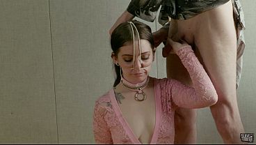 Petite painslut suspended upside down for hard face fucking after drinking her sadistic dom's piss  