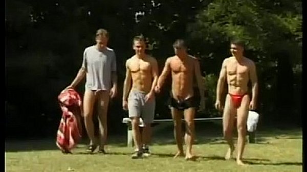 Amazing outdoor orgy as group of shameless boys fuck by the pool 