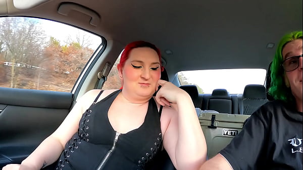 shemale sucks dick in car on public road