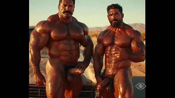 Hombres sudados, desnudos y vergones en el calor del desierto