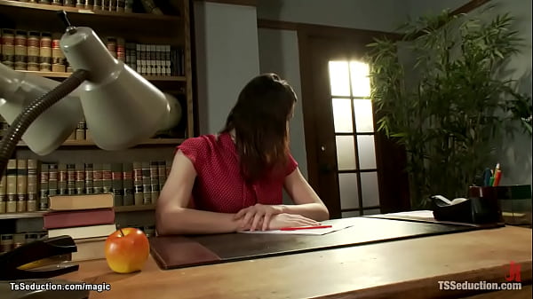 Sexy brunette shemale teacher Dina Swift caught student Jack Thunda with obvious plagiarized paper and then made him suck her dick then anal fucked him 