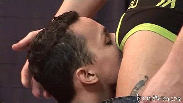 Restrained with a belt and rope boy gives oral job 