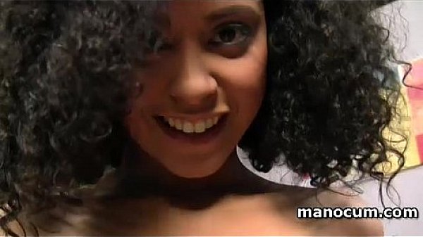 Sensual mulatta rubbing horny shaft against her soft pussy