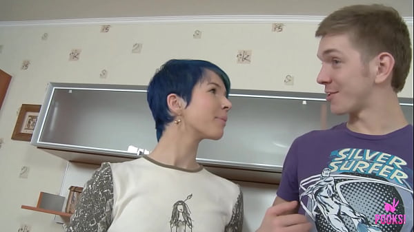 Aster V is a slim blue haired brunette... she's so innocent looking and slutty. Watch this sexy brat riding his hard cock like a maniac. Then she drops to her knees to get facialized by Milo P!