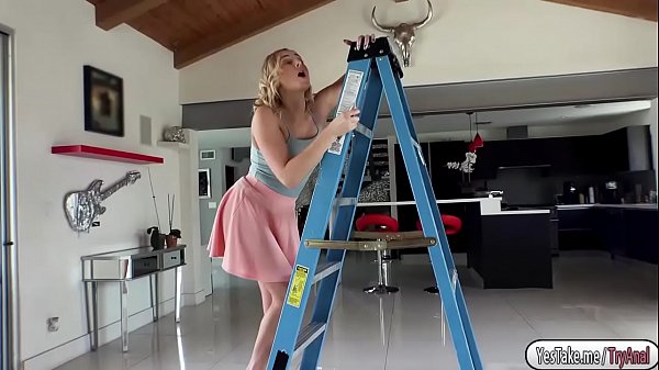 Kate is on the ladder while her bf keeps touching her ass. It made her horny, she went down and sucked his dick. Then her bf banged her ass.