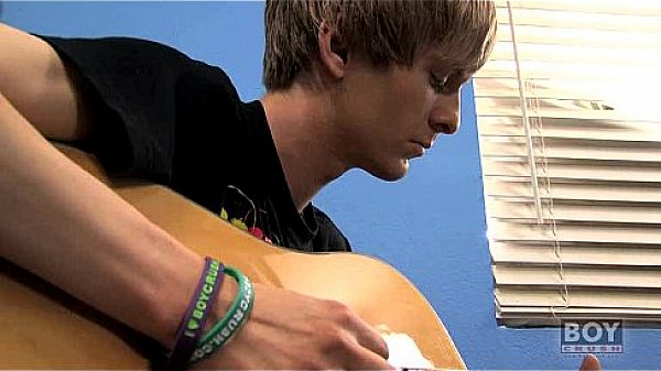 Lean blond guitar player jerking off solo