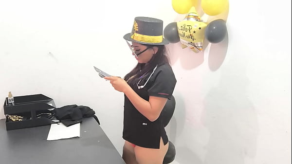 Hot New Year's celebration! She turns the office into a homemade porn parlor and flirts with a butt plug. 